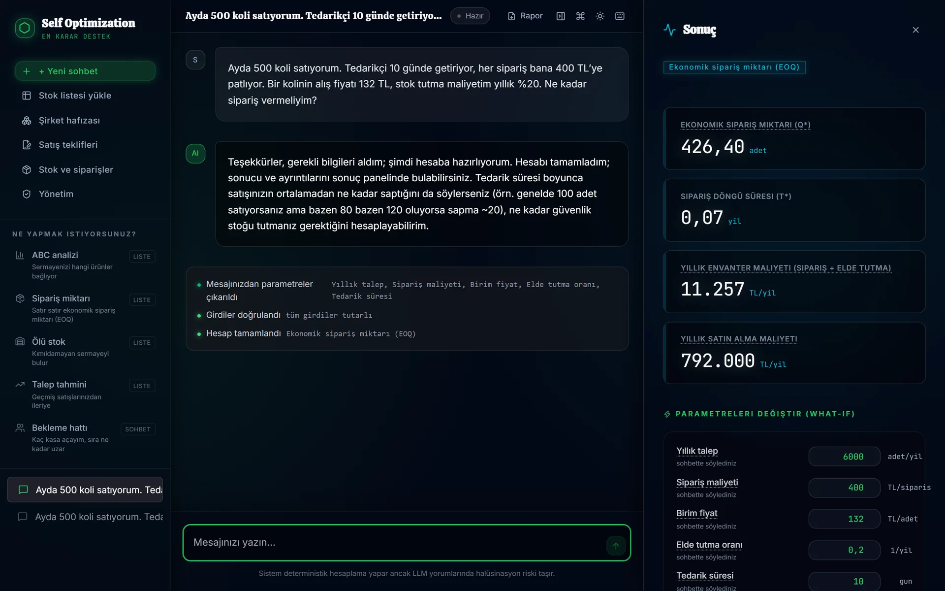 Self-Opt chat screen: economic order quantity of 426.40 units for a business selling 500 boxes a month; annual cost and editable parameters on the right.