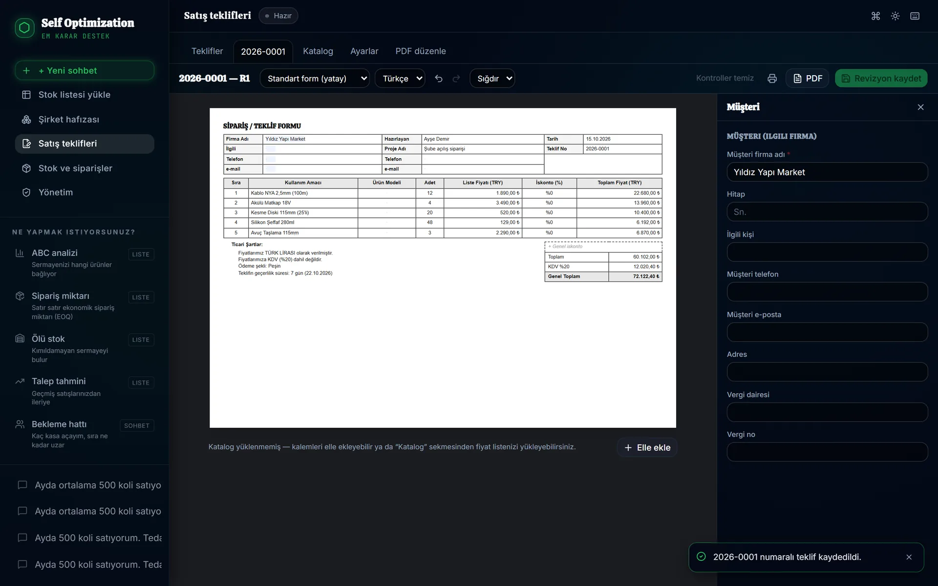Sales quote editor: five-line quote form, subtotal 60,102 TL, 72,122.40 TL including VAT; customer details panel on the right.
